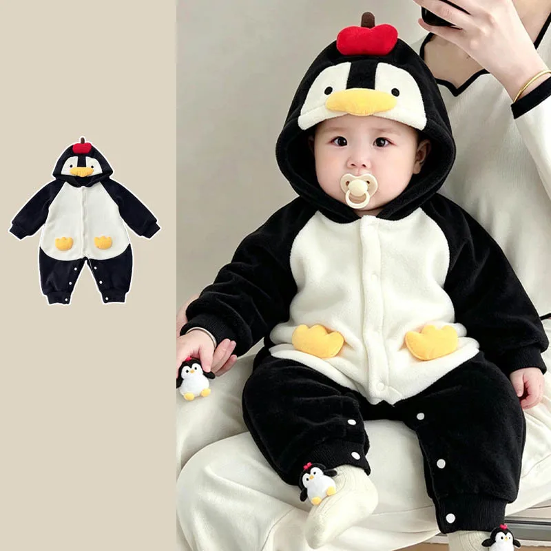 【BABY】ペンギンデザイン裏起毛ベビーロンパース