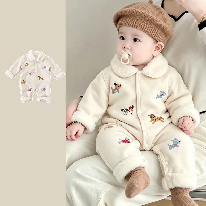 【BABY】アイボリー犬柄裏起毛ベビーロンパース