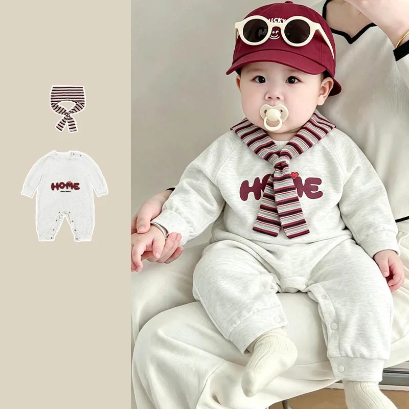 【BABY】グレー英字ロゴ裏起毛ベビーロンパース
