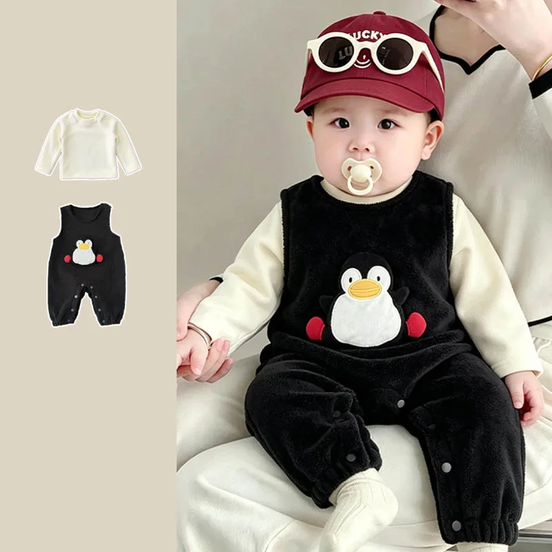 【セット】ペンギンモチーフ裏起毛Tシャツサロペットセット
