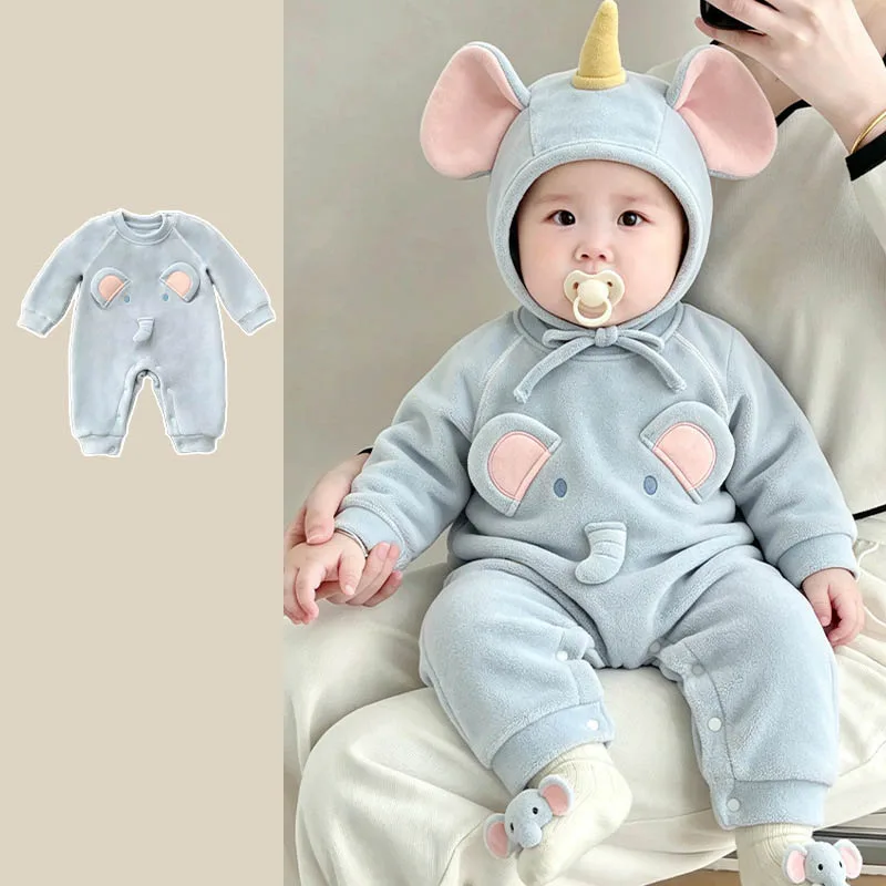 【BABY】ぞうモチーフ裏起毛ベビーロンパース