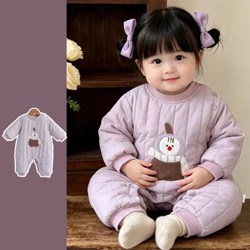 【BABY】パープル雪だるまモチーフ長袖ロンパース