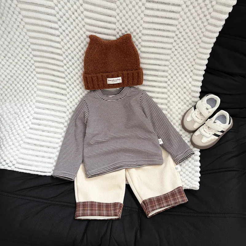【BABY】ブラウンストライプ裏起毛長袖Tシャツ