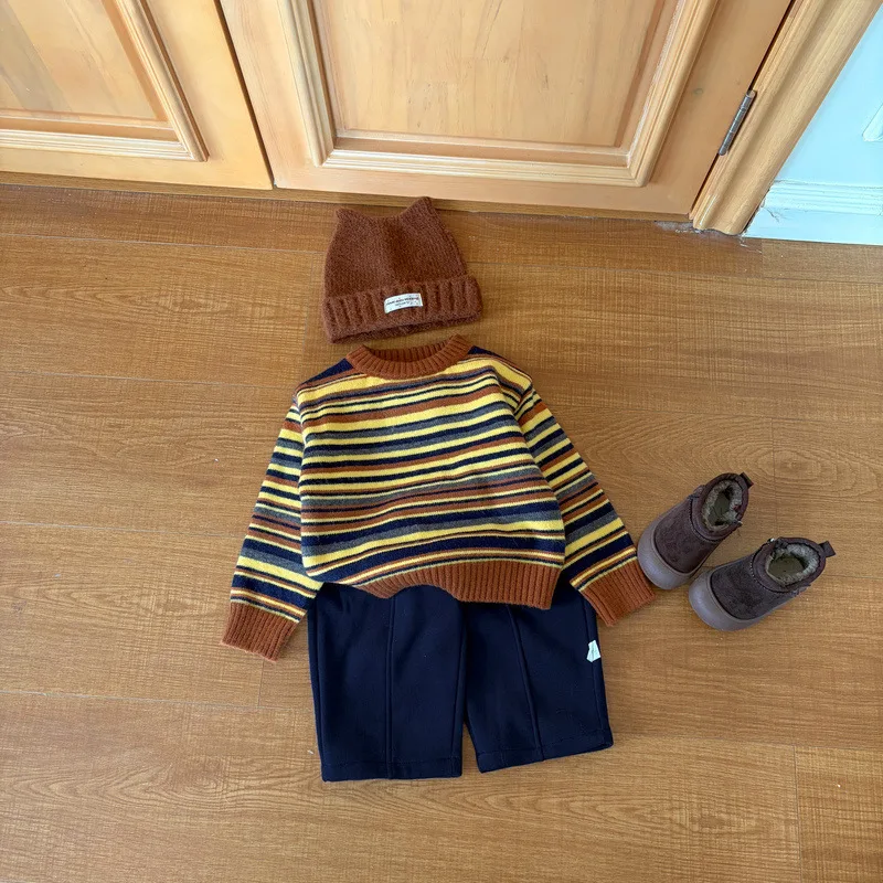 【BABY】マルチストライプ柄ニット長袖Tシャツ