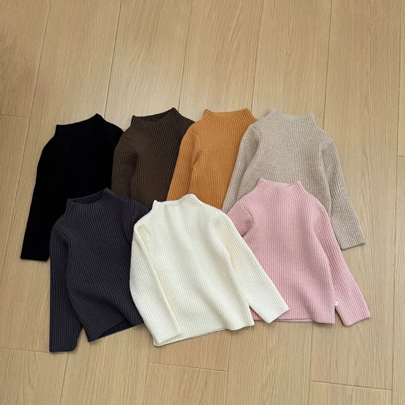 リブ編みハイネック長袖ニットTシャツ