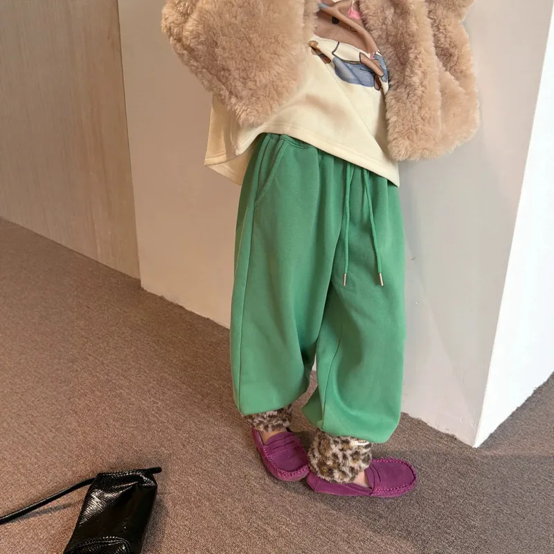 【KID】グリーン裏起毛カジュアルロングパンツ