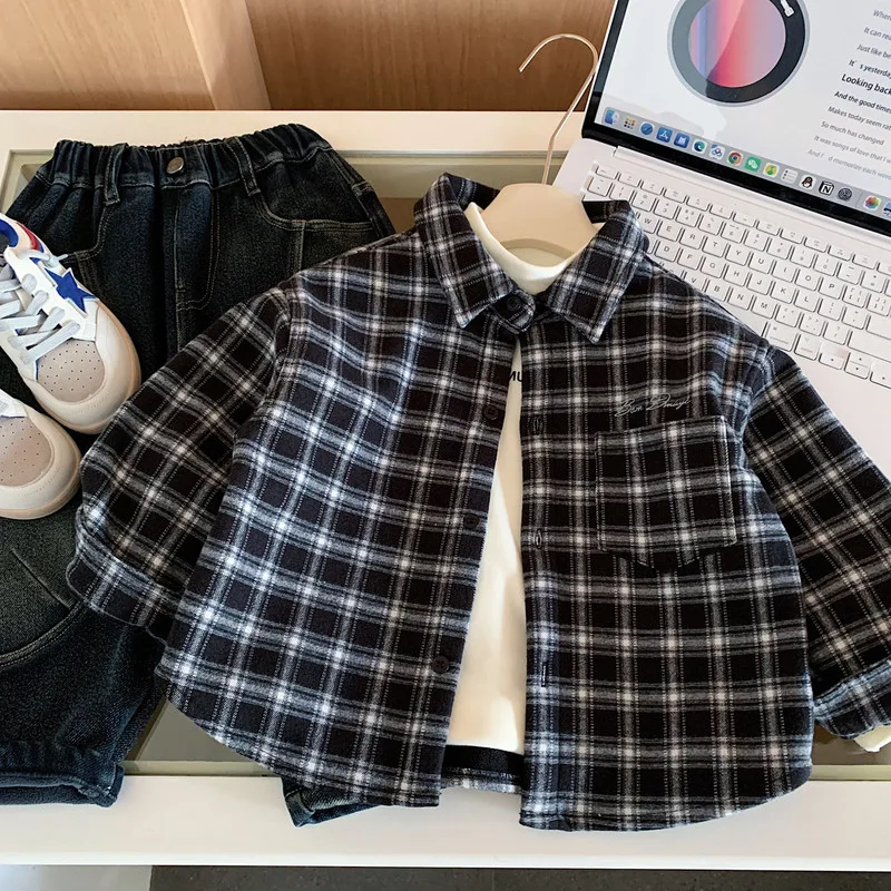 【KID】ネイビーチェック柄起毛キッズ長袖シャツ