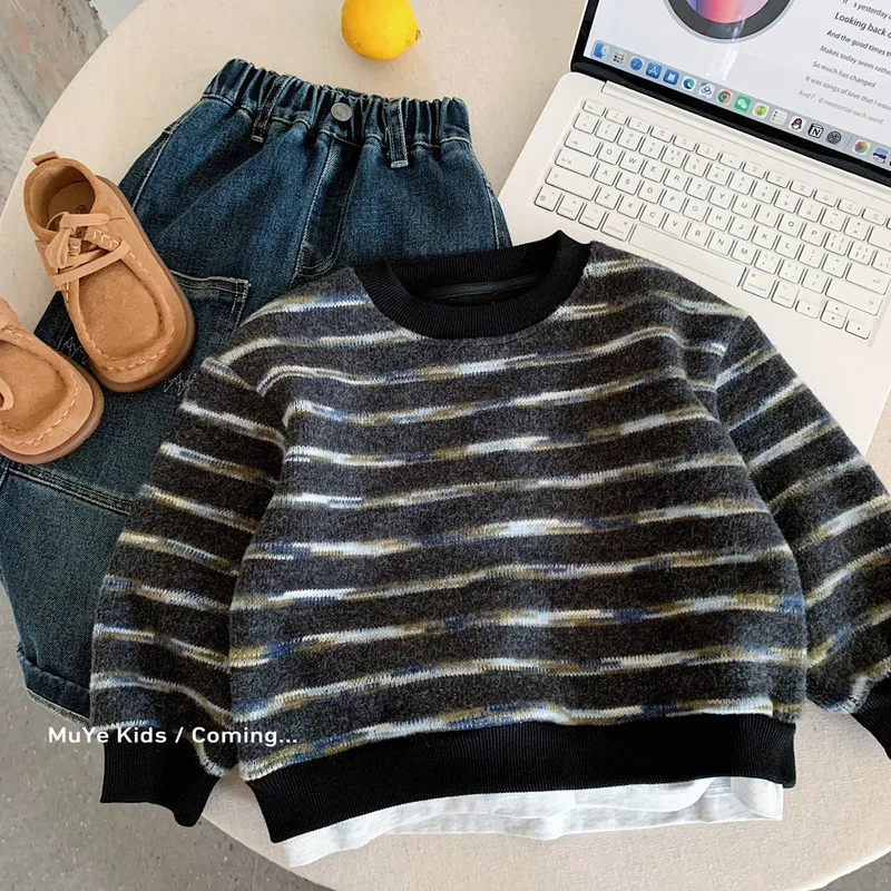 裏起毛グレーストライプ長袖Tシャツ