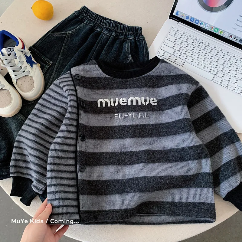 【KID】グレーストライプ起毛長袖Tシャツ
