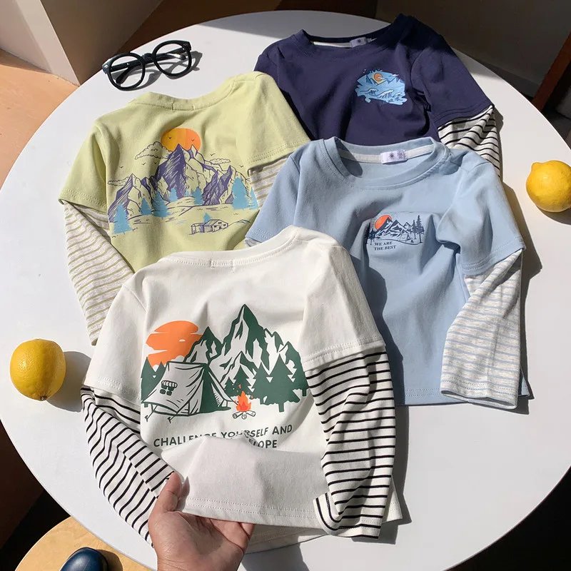【KID】マウンテンプリントストライプ袖レイヤード風長袖Tシャツ