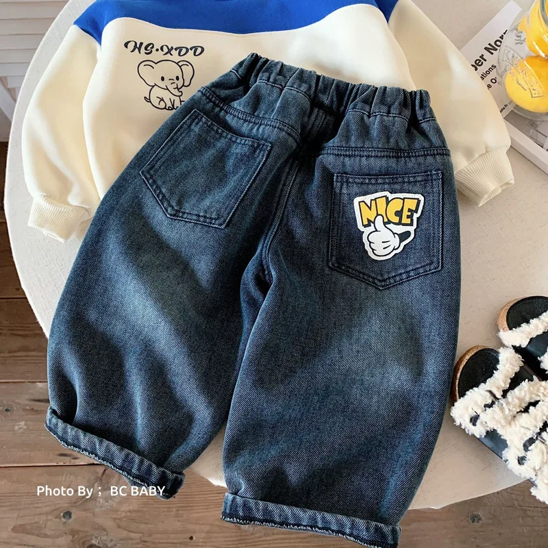 【KID】英字プリントポケット裏起毛デニムパンツ