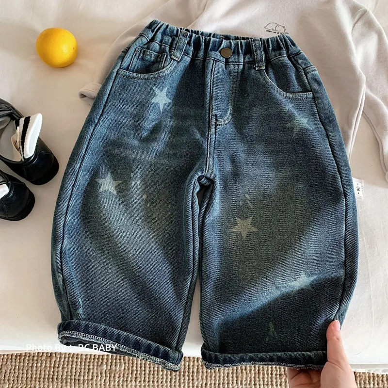 【KID】シルバー星刺繍裏起毛ワイドデニムパンツ