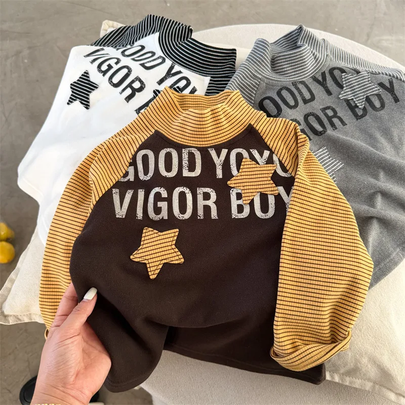 【KID】ハイネック星飾りストライプ切替長袖Tシャツ