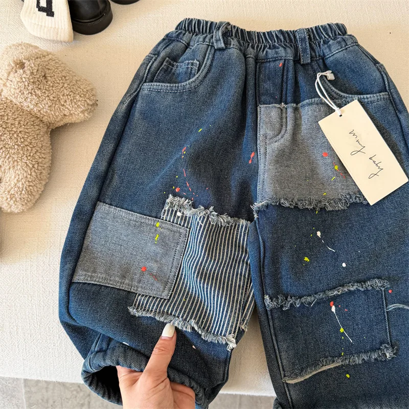 【KID】カラフルパッチワーク裏起毛デニムパンツ