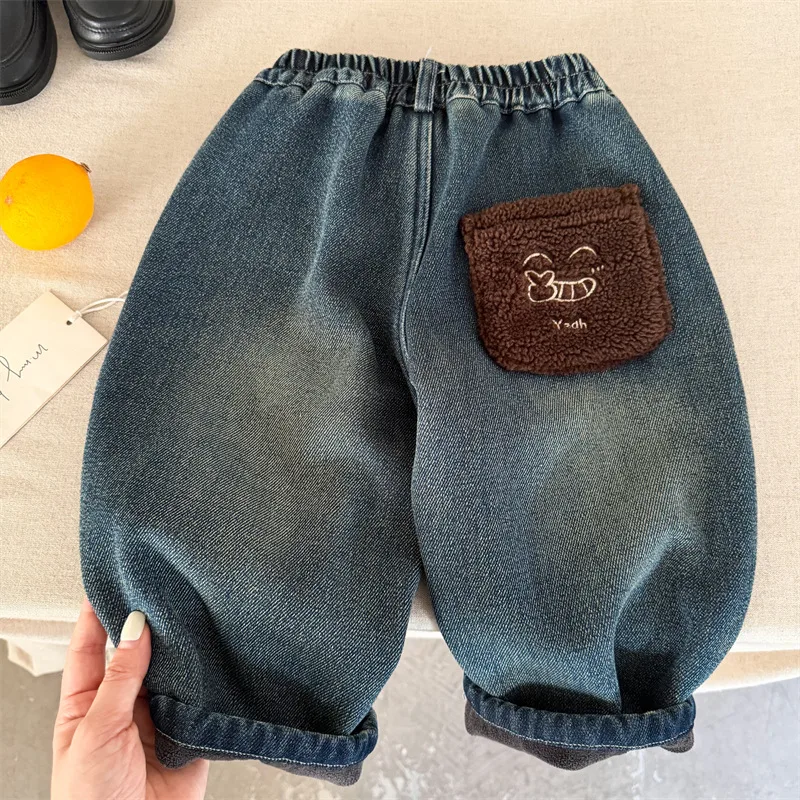 【KID】くまポケット裾ロールアップ裏起毛デニムパンツ