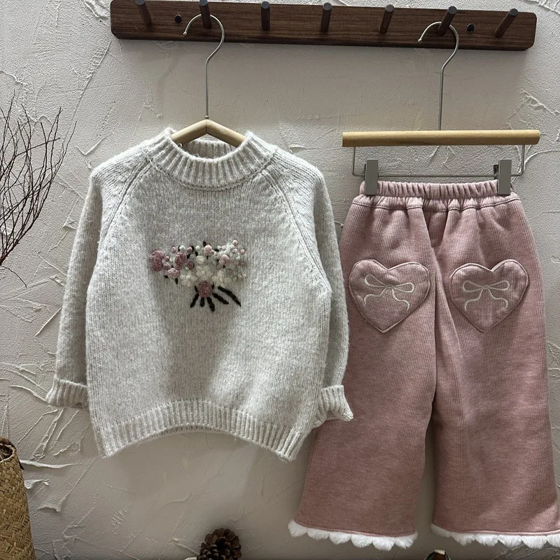 【セット】花飾りラグランニットパンツセットアップ