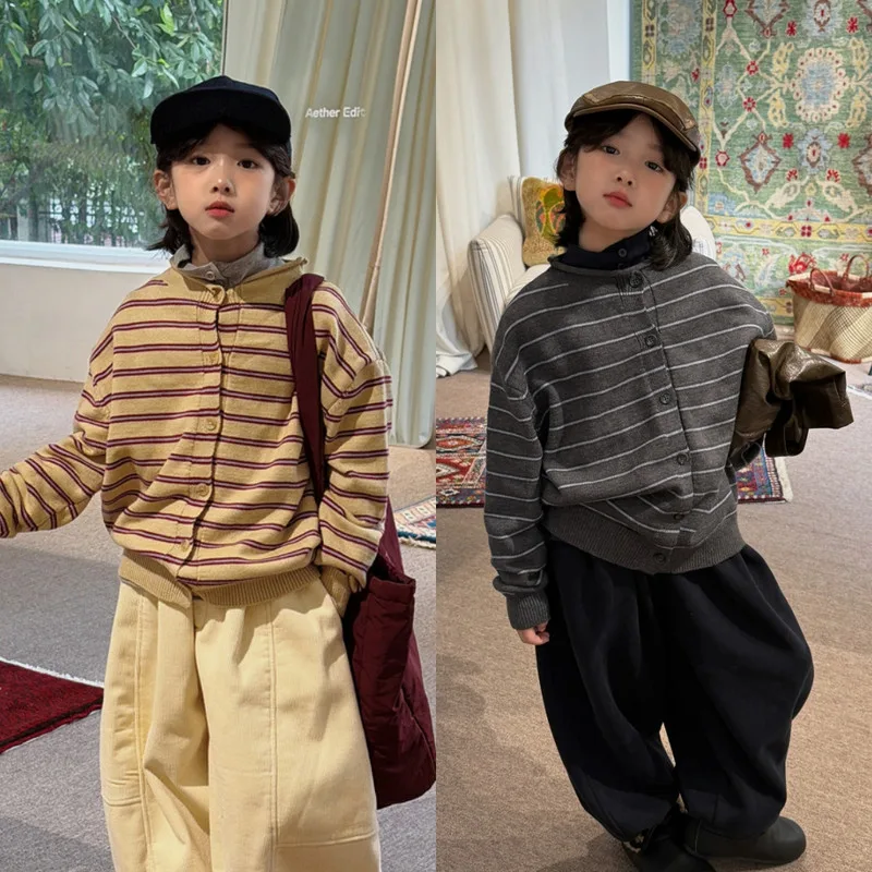【KID】ストライプ襟付き長袖ニットカーディガン