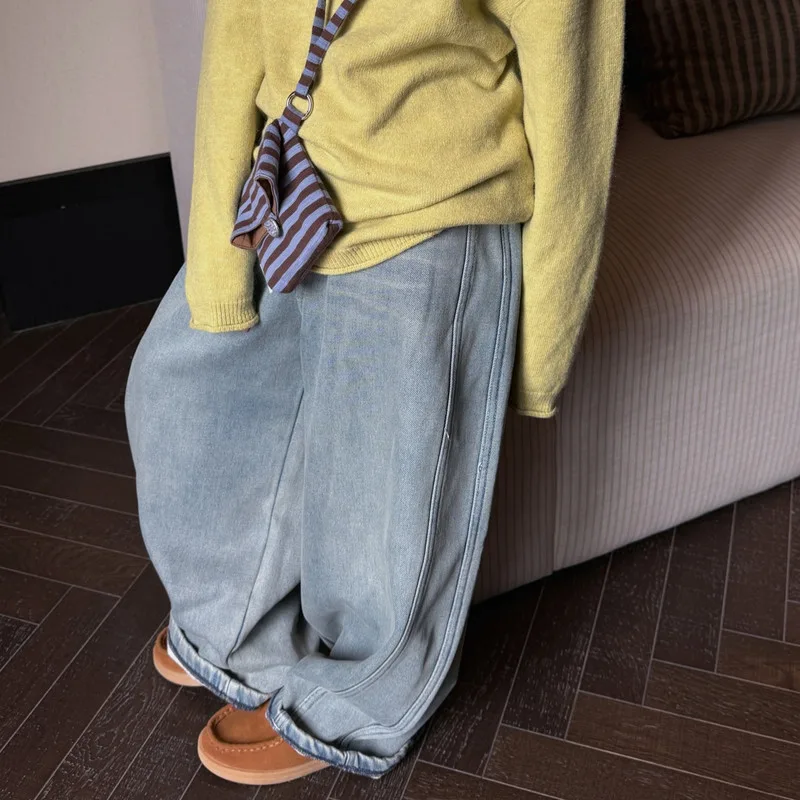 【KID】裾シャーリングワイド裏起毛デニムパンツ