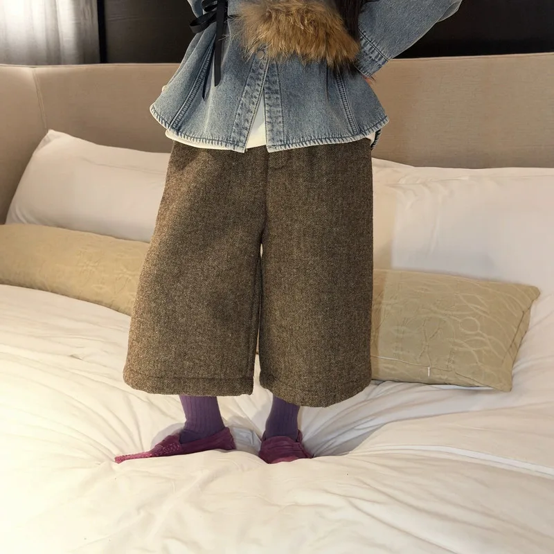 【KID】ヘリンボーンブラウン裏起毛七分丈パンツ
