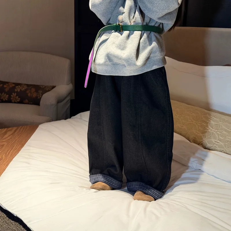 【KID】チェック裾ロールアップワイド裏起毛デニムパンツ