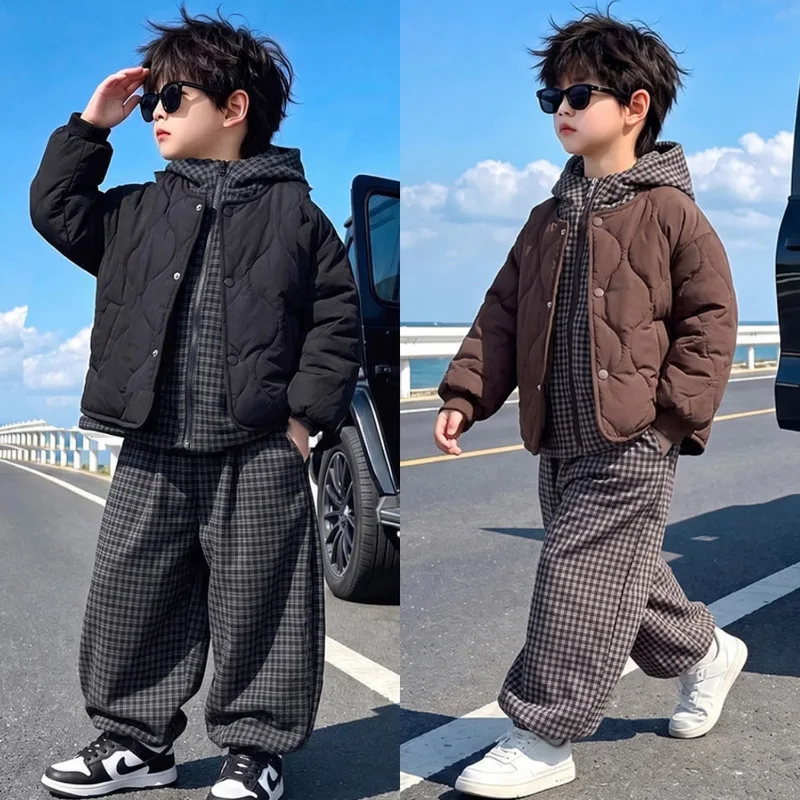 【セット】チェックフードトップスキルティングジャケットパンツ3点セット