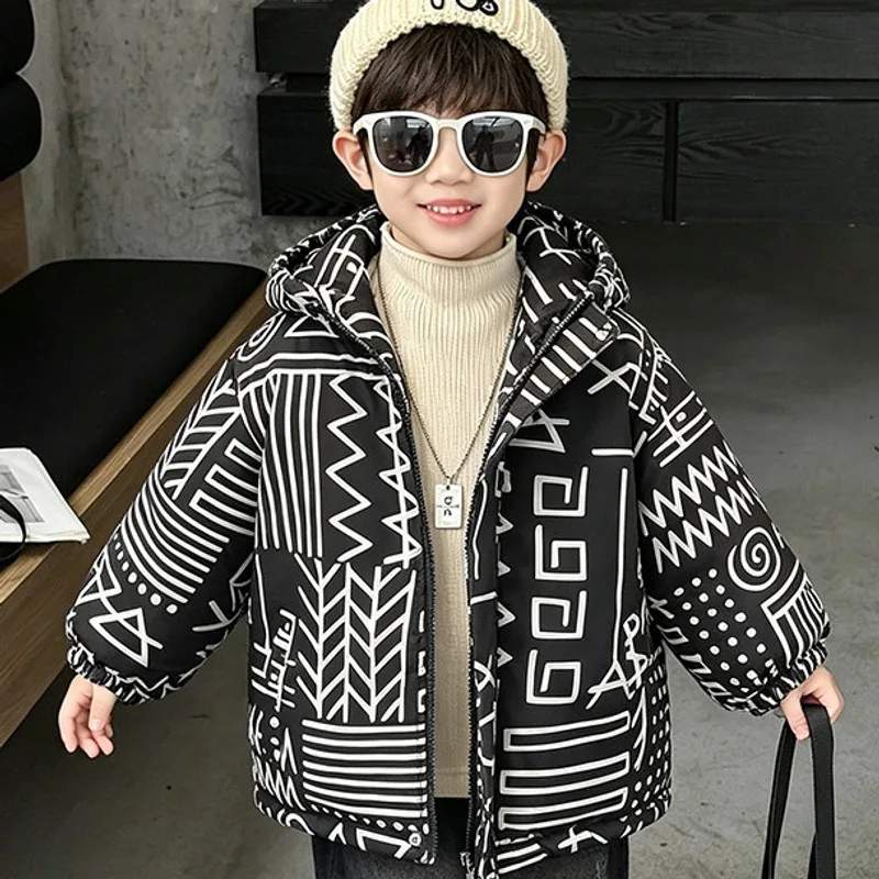【KID】モノトーン幾何学柄フード付き中綿ジャケット