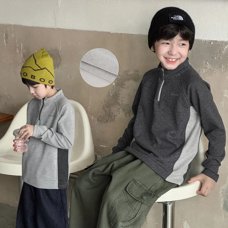 【KID】グレー配色切替デザイン裏起毛長袖Tシャツ