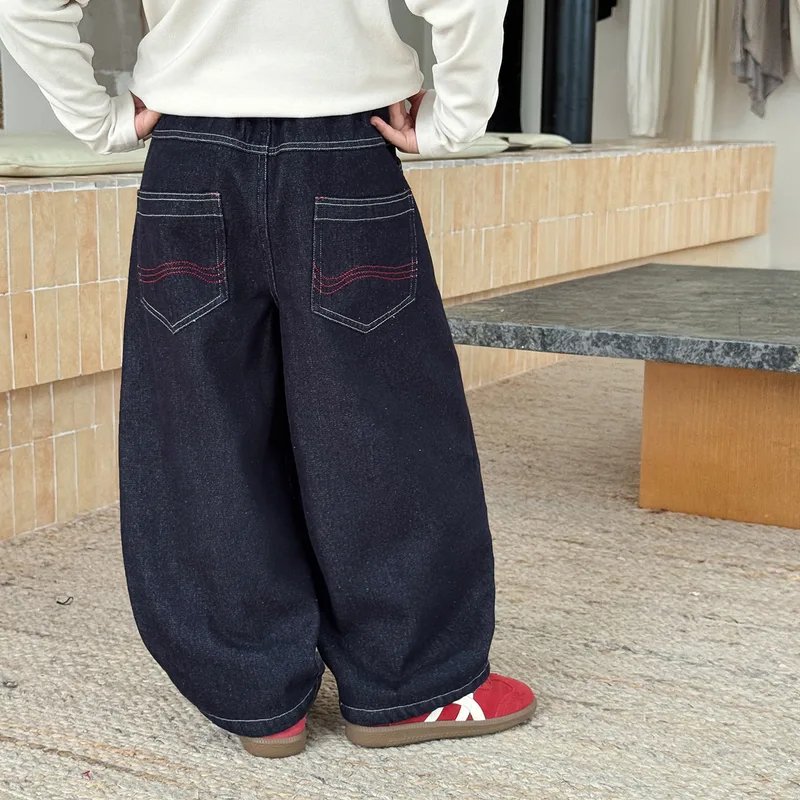 【KID】裏起毛配色ステッチデニムワイドパンツ