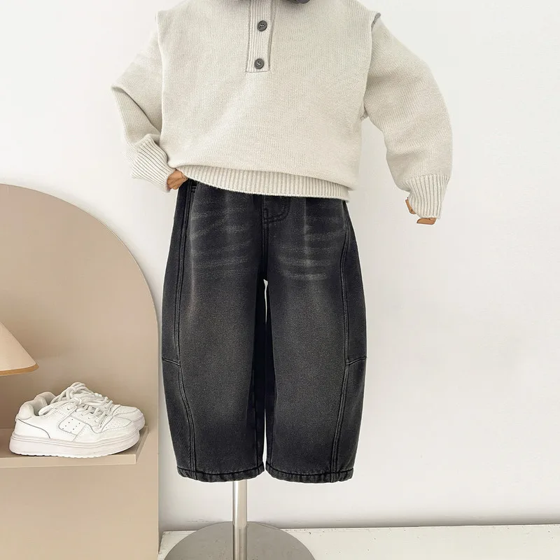 【KID】ウォッシュ加工バレルシルエット裏起毛デニムパンツ
