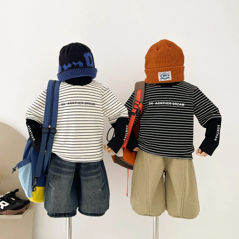 【KID】配色細ボーダー裏起毛ラウンドネック長袖Tシャツ