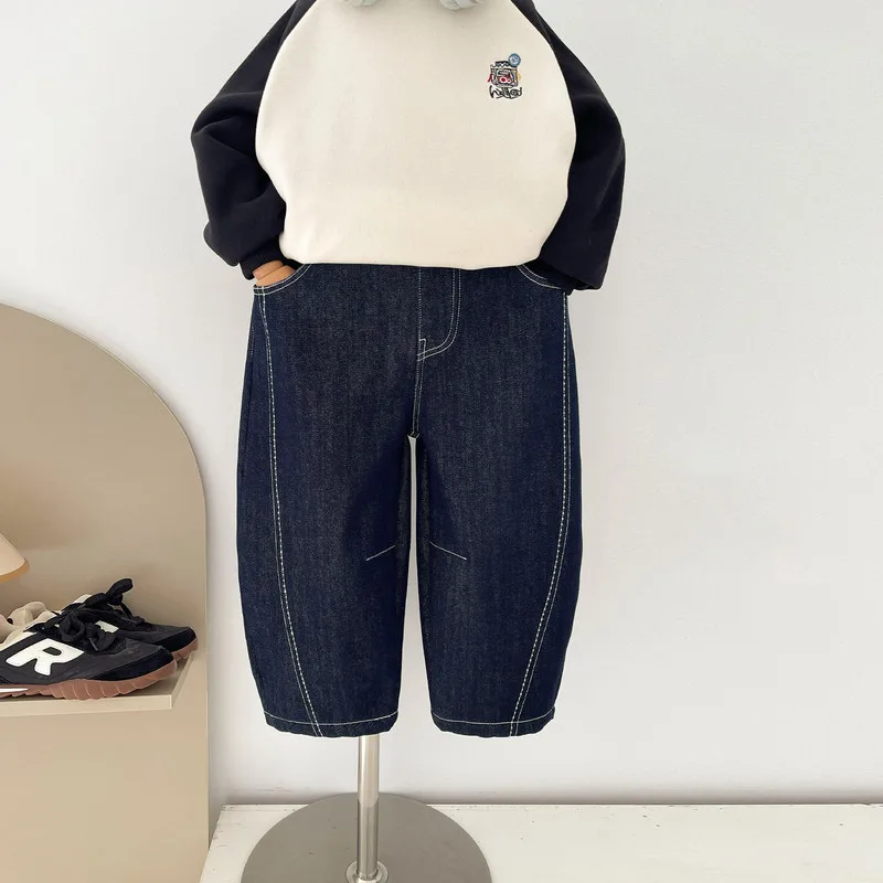 【KID】ステッチデザイン裏起毛クロップドデニムパンツ
