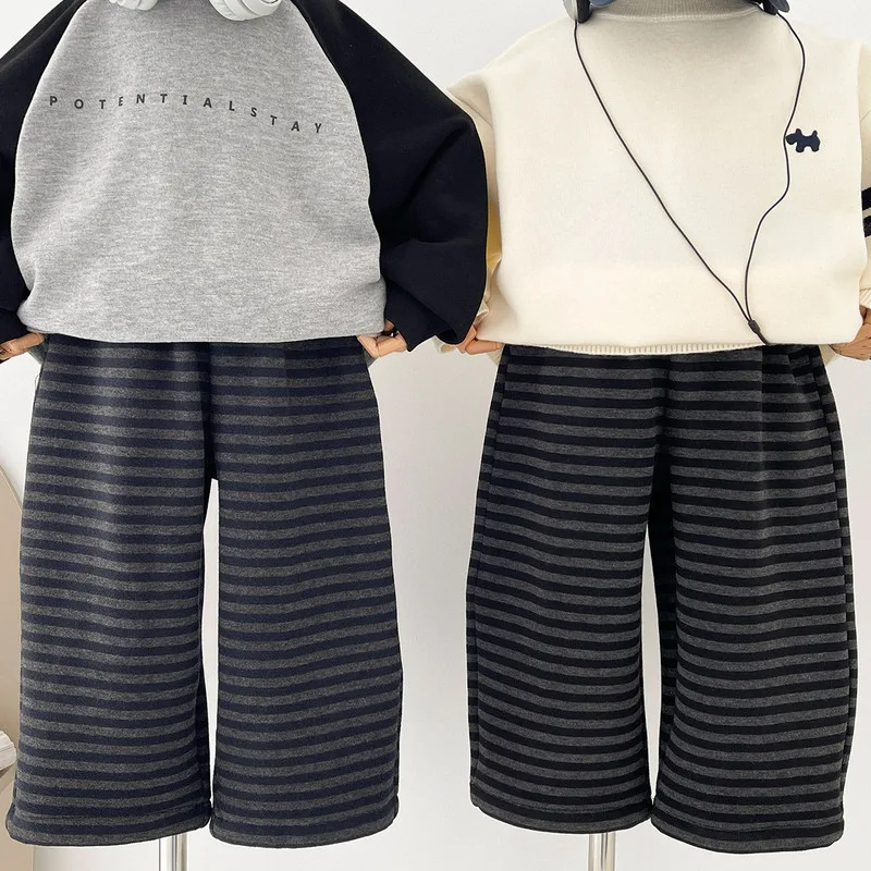 【KID】ボーダー柄裏起毛キッズワイドパンツ