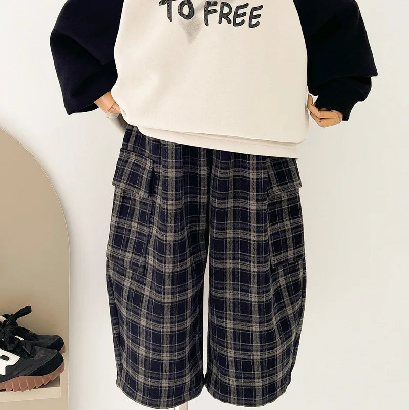 【KID】ネイビータタンチェックサイドポケット裏起毛パンツ