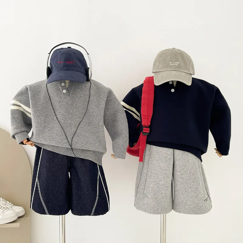 【KID】袖ラインデザイン裏起毛クルーネック長袖Tシャツ