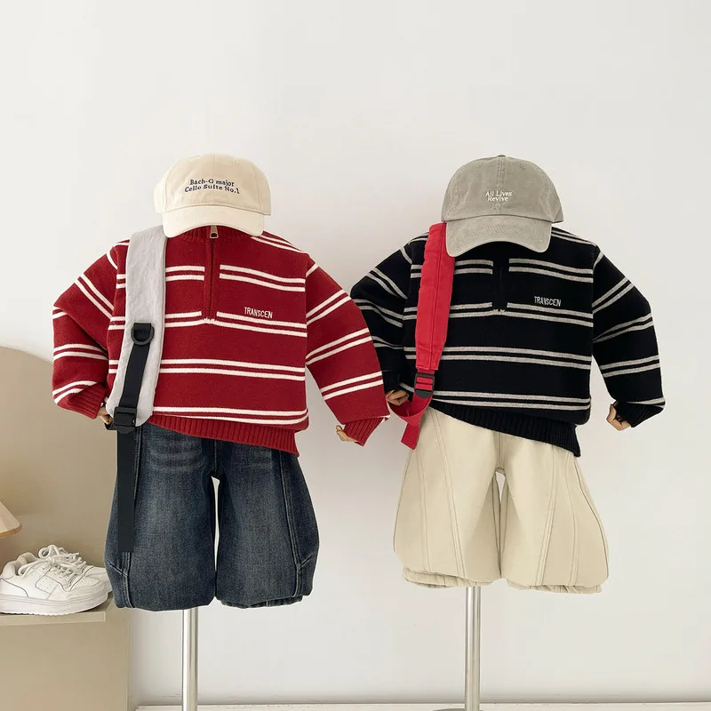 ストライプ起毛ハイネック長袖Tシャツ