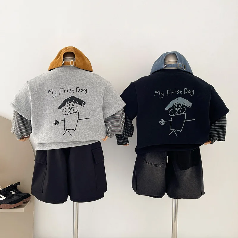 【KID】ボーダー袖英字プリント裏起毛レイヤード風Tシャツ