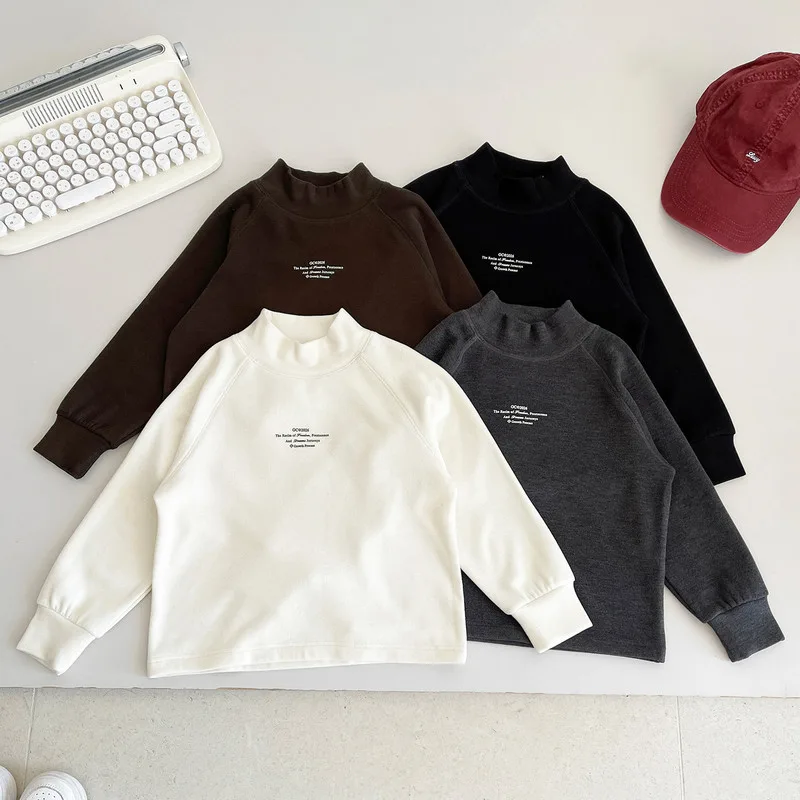 【KID】英字プリント裏起毛ハイネック長袖Tシャツ
