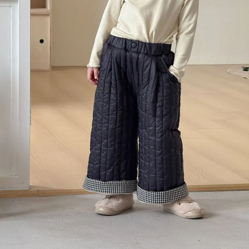 【KID】チェック裾キルティング裏起毛ワイドパンツ