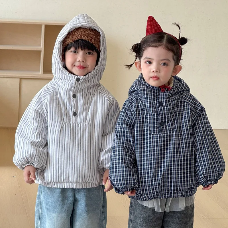 【KID】チェック・ストライプ柄フード付きプルオーバー