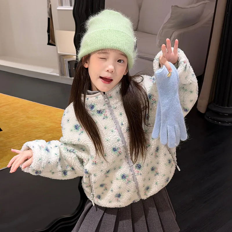 【KID】小花柄ハイネック裏起毛ジップアップジャケット