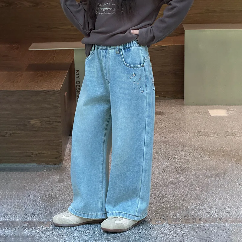 【KID】星モチーフ裏起毛ルーズフィットデニムパンツ