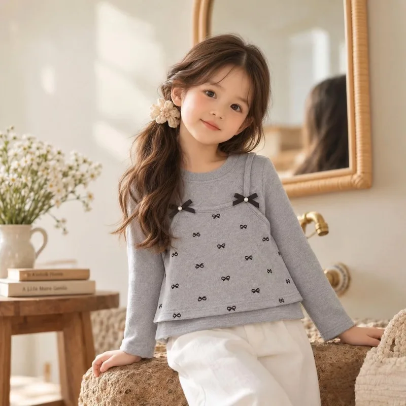 【KID】グレーリボン柄レイヤード長袖Tシャツ