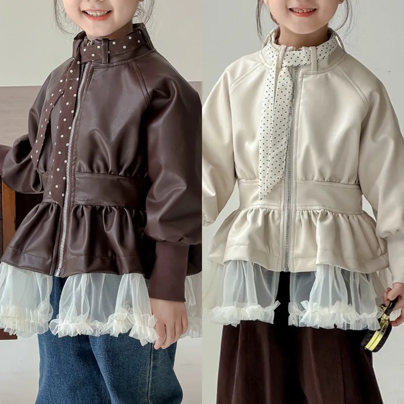 【KID】ウエストフリルメッシュ切替フェイクレザージャケット