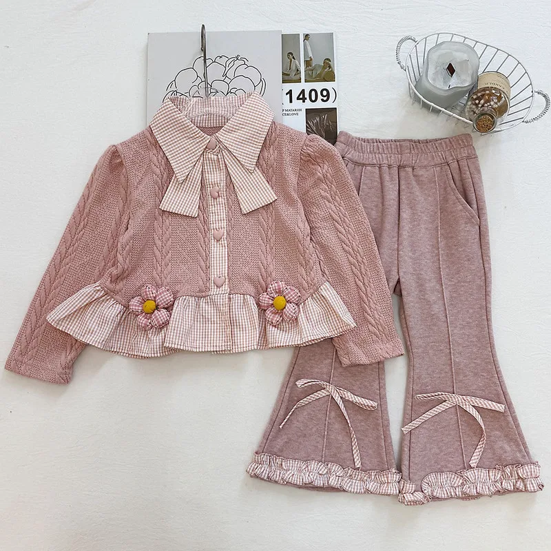 【セット】花柄ニット切替リボンブラウスフレアパンツセットアップ