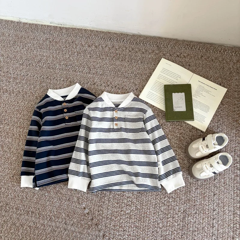 【BABY】ストライプヘンリーネック長袖Tシャツ