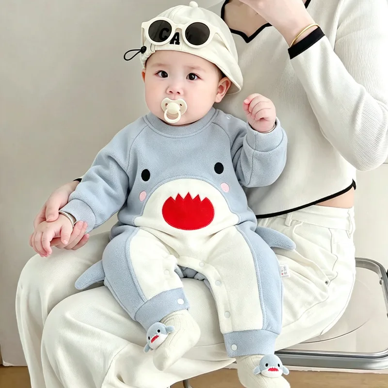 【BABY】サメ顔配色パネル裏起毛ロンパース