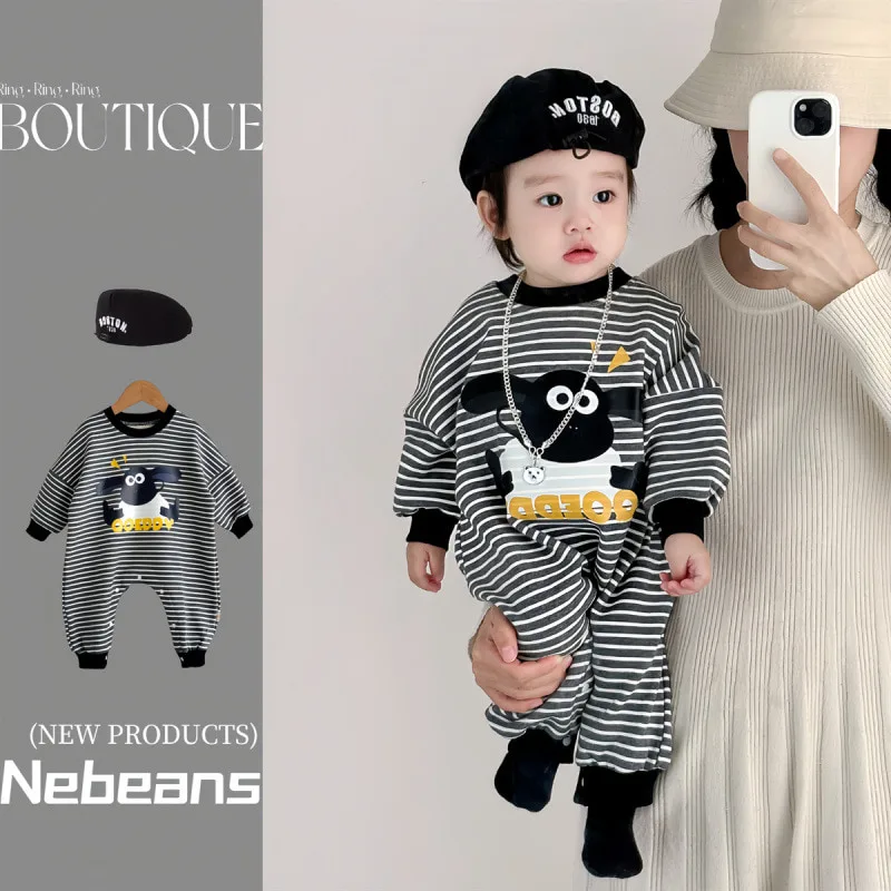 【BABY】モノトーンストライプフロントプリント裏起毛ロンパース