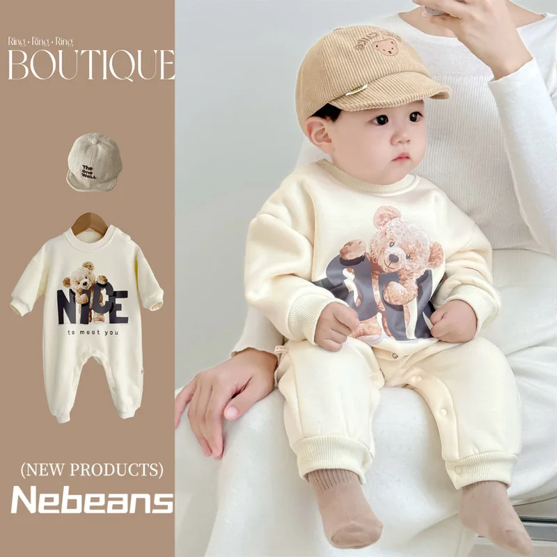 【BABY】くま英字プリント裏起毛ベビーロンパース