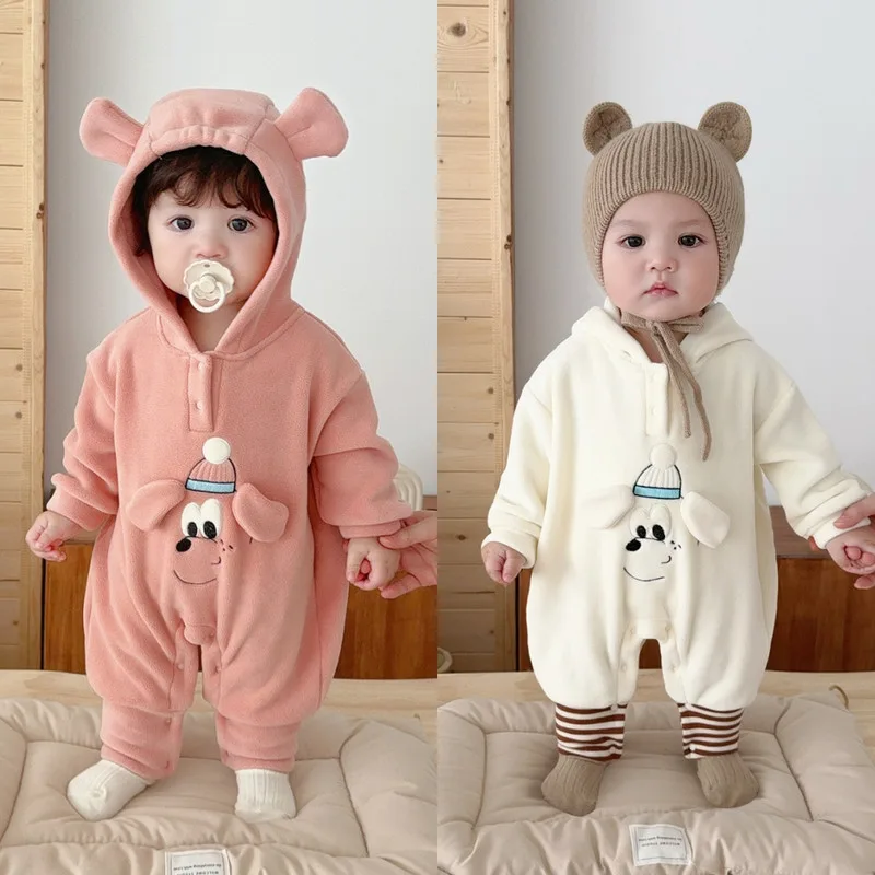 【BABY】犬モチーフ裏起毛フード付きベビーロンパース