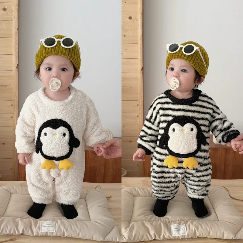 【BABY】ペンギンモチーフ裏起毛長袖ロンパース